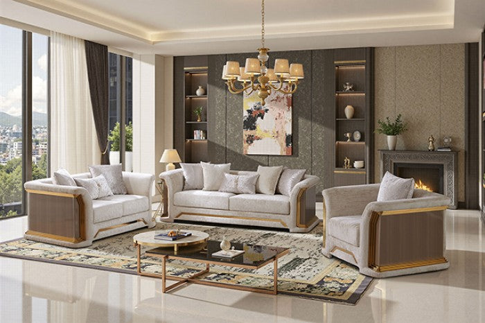 FM67006BG-SL 2 pc Atheneo metallic taupe fabric wood tone accents with gold trim sofa and love seat set curved arms