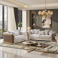 FM67006BG-SL 2 pc Atheneo metallic taupe fabric wood tone accents with gold trim sofa and love seat set curved arms
