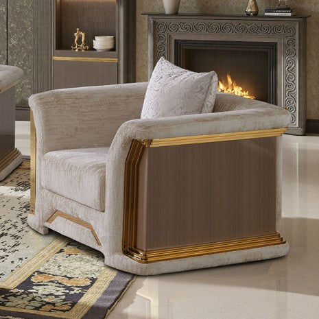 FM67006BG-SL 2 pc Atheneo metallic taupe fabric wood tone accents with gold trim sofa and love seat set curved arms