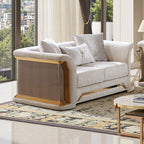 FM67006BG-SL 2 pc Atheneo metallic taupe fabric wood tone accents with gold trim sofa and love seat set curved arms