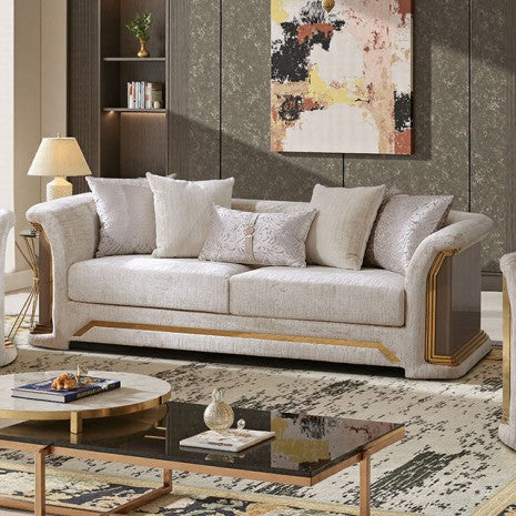 FM67006BG-SL 2 pc Atheneo metallic taupe fabric wood tone accents with gold trim sofa and love seat set curved arms