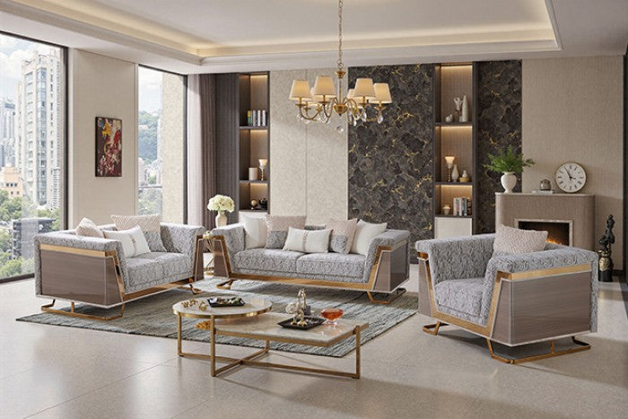 FM67007LB-SL 2 pc Thomasyn animal print fabric wood tone accents with gold trim sofa and love seat set