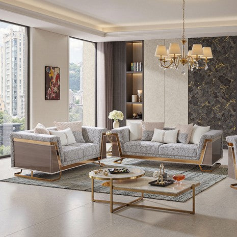 FM67007LB-SL 2 pc Thomasyn animal print fabric wood tone accents with gold trim sofa and love seat set