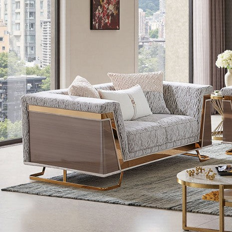 FM67007LB-SL 2 pc Thomasyn animal print fabric wood tone accents with gold trim sofa and love seat set