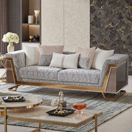 FM67007LB-SL 2 pc Thomasyn animal print fabric wood tone accents with gold trim sofa and love seat set