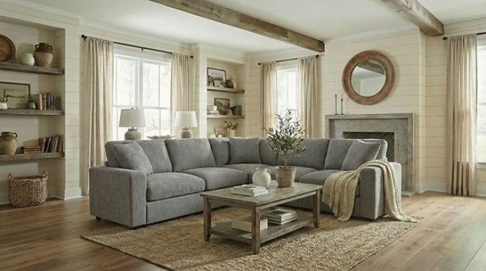 FM67010LG-SECT 5 pc Mckenna light grey fabric sectional sofa square arms