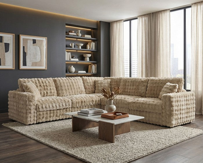 FM67011BG-SECT 5 pc Mckenna sand textured furry fabric sectional sofa square arms