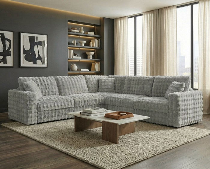 FM67011SV-SECT 5 pc Mckenna silver grey textured furry fabric sectional sofa square arms