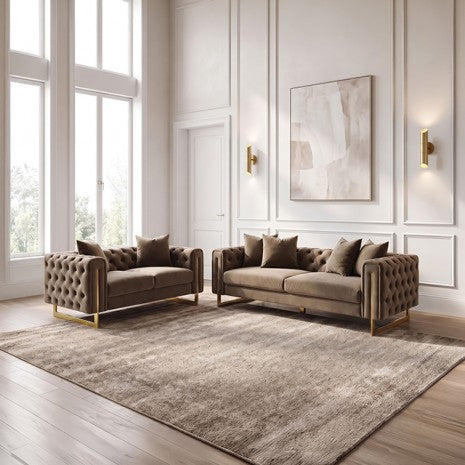 Avara Warm Mink Brown Fabric Gold Trim Sofa and Love Seat Set with Tufted Backs – FM67015SKBR-2PC
