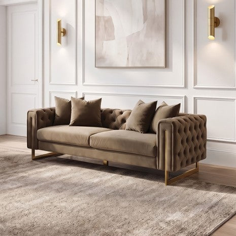 Avara Warm Mink Brown Fabric Gold Trim Sofa and Love Seat Set with Tufted Backs – FM67015SKBR-2PC