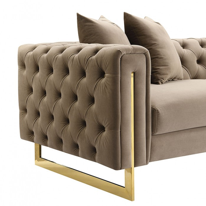 Avara Warm Mink Brown Fabric Gold Trim Sofa and Love Seat Set with Tufted Backs – FM67015SKBR-2PC