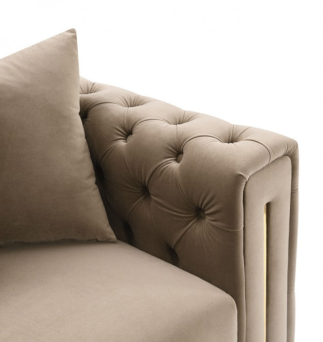 Avara Warm Mink Brown Fabric Gold Trim Sofa and Love Seat Set with Tufted Backs – FM67015SKBR-2PC
