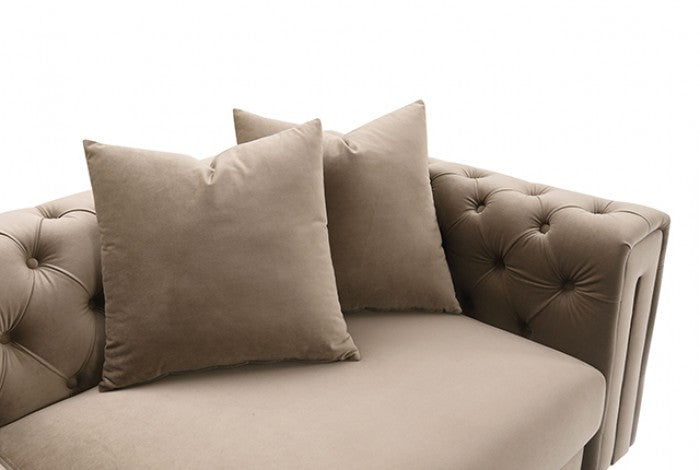Avara Warm Mink Brown Fabric Gold Trim Sofa and Love Seat Set with Tufted Backs – FM67015SKBR-2PC