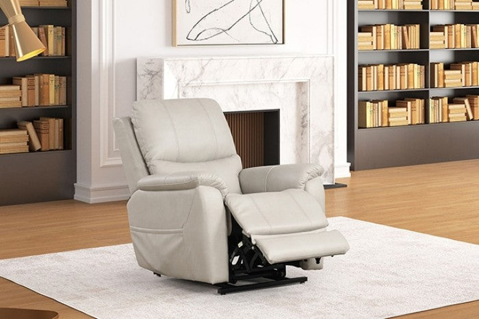 FM68002LG Ethelreda light grey leatherette fabric power lift and head rest recliner chair with USB charger