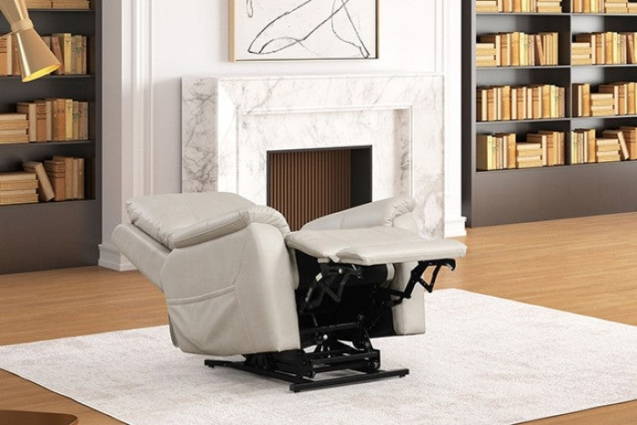 FM68002LG Ethelreda light grey leatherette fabric power lift and head rest recliner chair with USB charger