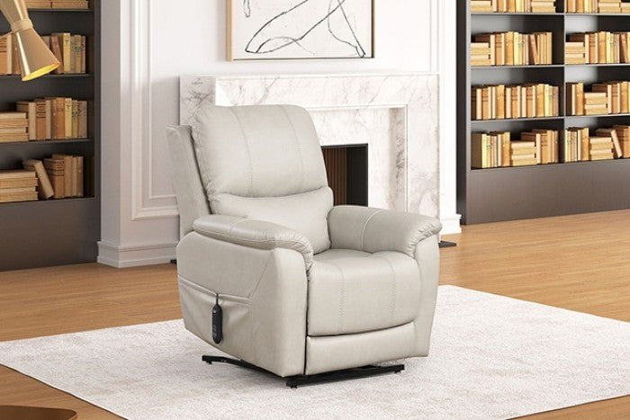 FM68002LG Ethelreda light grey leatherette fabric power lift and head rest recliner chair with USB charger