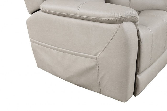 FM68002LG Ethelreda light grey leatherette fabric power lift and head rest recliner chair with USB charger