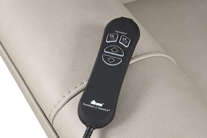 FM68002LG Ethelreda light grey leatherette fabric power lift and head rest recliner chair with USB charger