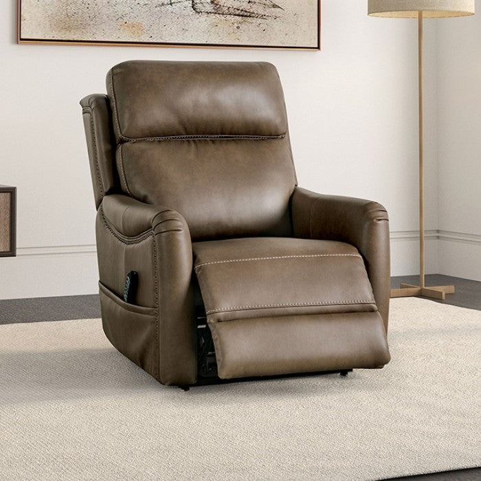 FM68004BR-LC Sylvanus brown leatherette power lift recliner chair with heat and massage and USB charger