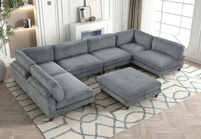 FM6800GY-A 7 pc Dagenham grey corduroy velvet fabric modular sectional sofa adjustable back supports