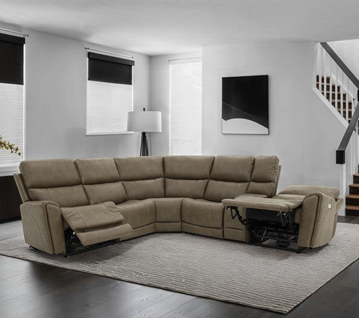 FM68100BR-SECT-PM 6 pc Orpheus brown fabric sectional sofa with power motion recliners , adjustable headrests, USB charging