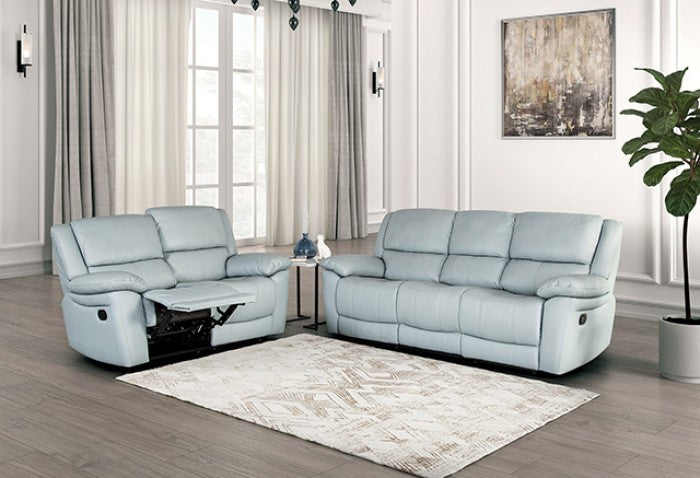 FM69003BL-2PC 2 pc Glarus powder blue leather match sofa and love seat set recliner ends