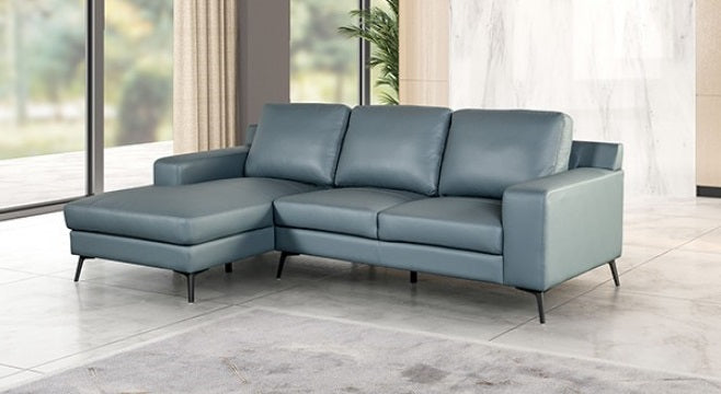 FM69004BL-SECT-L 2 pc Stordal blue light grey leather match sectional sofa set with chaise and narrow metal legs