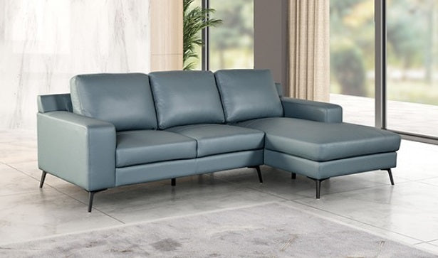 FM69004BL-SECT-R 2 pc Stordal blue light grey leather match sectional sofa set with chaise and narrow metal legs