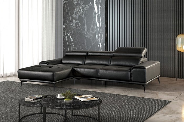 FM69005BK-LC 2 pc Vadso black leather match sectional sofa set with chaise and adjustable headrests