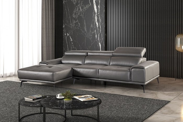 FM69005DG-LC 2 pc Vadso dark grey leather match sectional sofa set with chaise and adjustable headrests