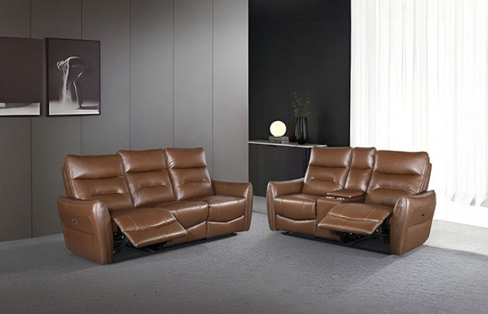 FM69006BR-2PC 2 pc Terentius caramel brown leather match sofa and love seat set power recliner ends with cup console USB