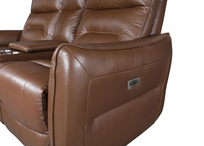 FM69006BR-2PC 2 pc Terentius caramel brown leather match sofa and love seat set power recliner ends with cup console USB