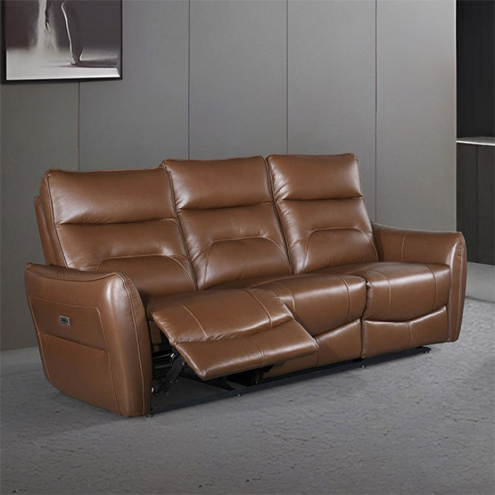 FM69006BR-2PC 2 pc Terentius caramel brown leather match sofa and love seat set power recliner ends with cup console USB