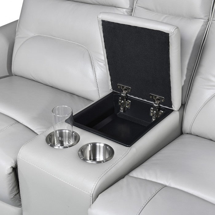 FM69006TP-2PC 2 pc Terentius taupe leather match sofa and love seat set power recliner ends with cup console USB