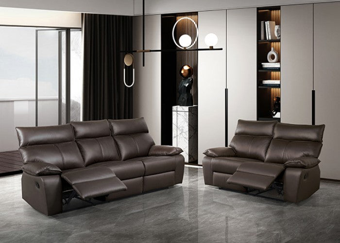 FM69008BR-2PC 2 pc Onoria brown leather match sofa and love seat with recliners on each end