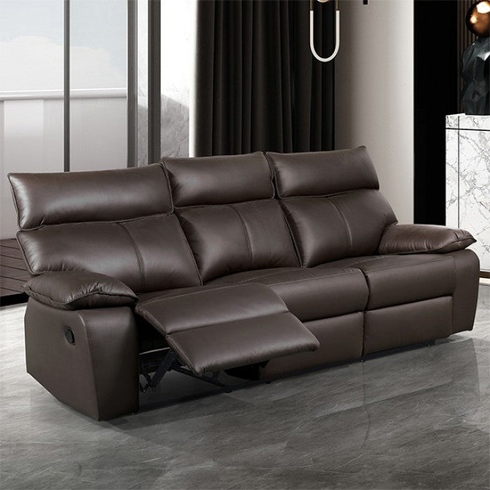 FM69008BR-2PC 2 pc Onoria brown leather match sofa and love seat with recliners on each end