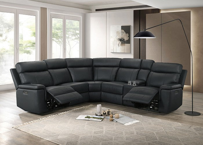 FM69009BK-PM 3 pc Oliverus black leather match sectional sofa with power motion recliners and cup console USB plugs