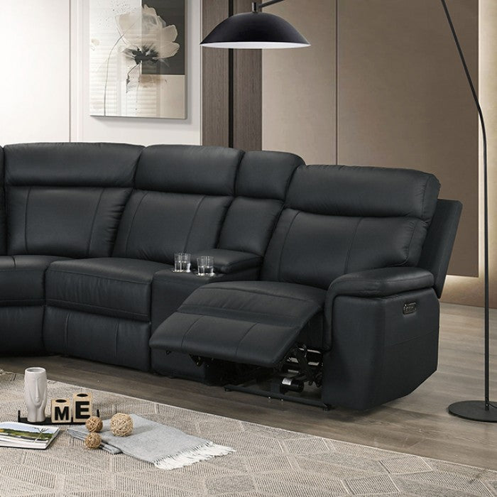 FM69009BK-PM 3 pc Oliverus black leather match sectional sofa with power motion recliners and cup console USB plugs