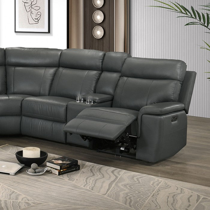 FM69009DG-PM 3 pc Oliverus dark grey leather match sectional sofa with power motion recliners and cup console USB plugs