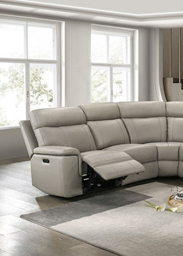 FM69009TP-PM 3 pc Oliverus taupe leather match sectional sofa with power motion recliners and cup console USB plugs