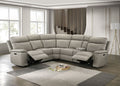 FM69009TP-PM 3 pc Oliverus taupe leather match sectional sofa with power motion recliners and cup console USB plugs