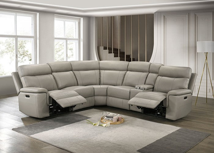 FM69009TP-PM 3 pc Oliverus taupe leather match sectional sofa with power motion recliners and cup console USB plugs