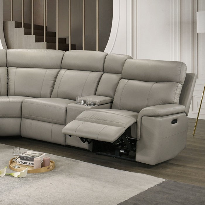 FM69009TP-PM 3 pc Oliverus taupe leather match sectional sofa with power motion recliners and cup console USB plugs