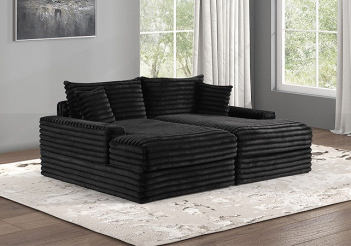 FM6900BK 2 pc Tavedestrand black wide welt corduroy double chaise sofa lounge set with cup holders USB plugs