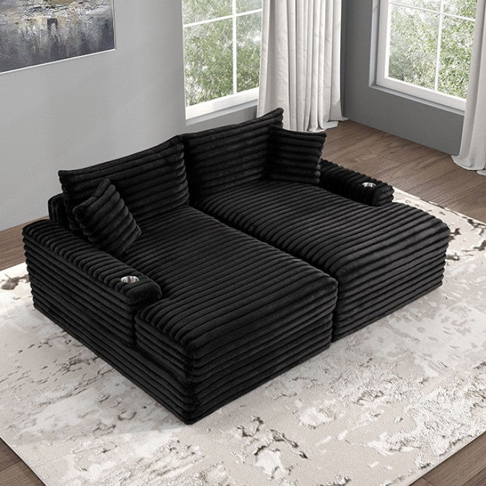 FM6900BK 2 pc Tavedestrand black wide welt corduroy double chaise sofa lounge set with cup holders USB plugs