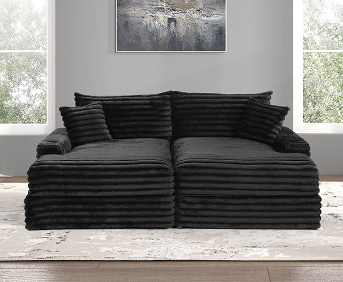 FM6900BK 2 pc Tavedestrand black wide welt corduroy double chaise sofa lounge set with cup holders USB plugs