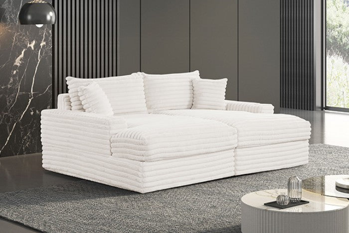 FM6900WH 2 pc Tavedestrand white wide welt corduroy double chaise sofa lounge set with cup holders USB plugs