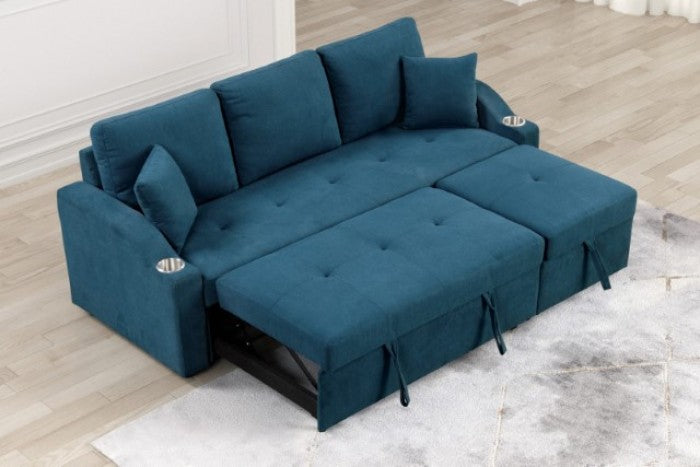 FM6963BL Royden blue fabric sofa set with pull out chaise and pop up sleep area with cup holders in arms