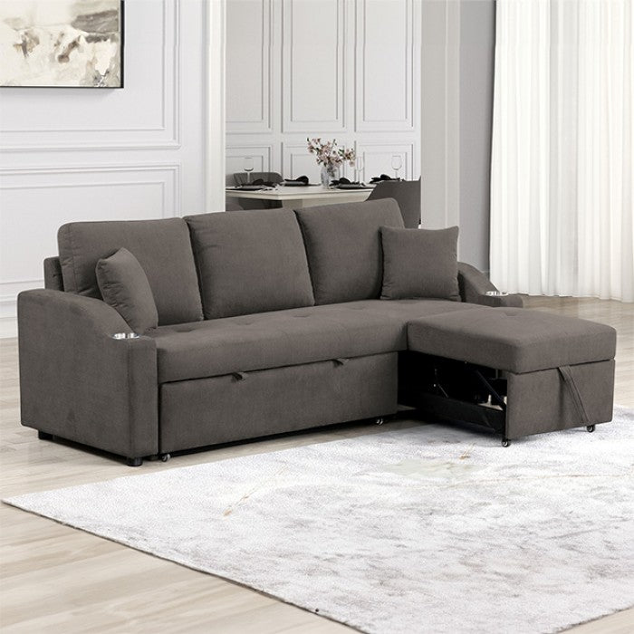 FM6963GY Royden grey fabric sofa set with pull out chaise and pop up sleep area with cup holders in arms
