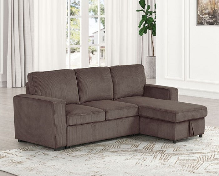 FM6964BR 2 pc Yves brown corduroy fabric sectional sofa set with reversible storage chaise pull out sleep area